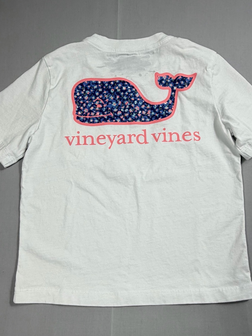 Vineyard Vines White Tee with Navy Floral Whale and Pink Trim